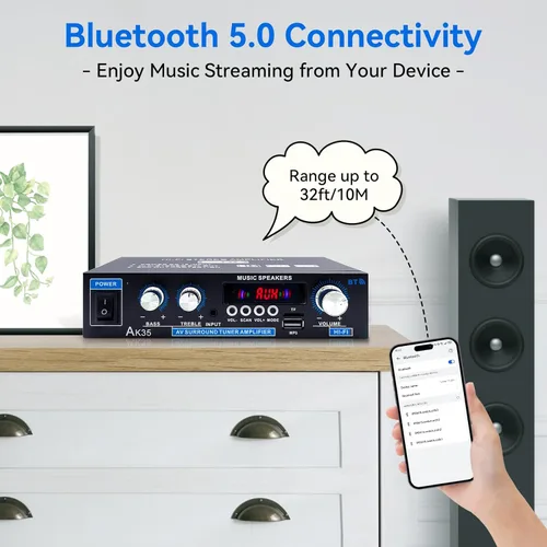 Miniatura 4 de Receptores de amplificador de audio para el hogar 200 W Bluetooth 5.0 RMS 30 W x 2 AK35 Receptor estéreo para altavoces Amplificador de potencia