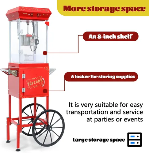 Miniatura 6 de Máquina de palomitas de maíz vintage con carrito, carrito de palomitas de maíz de 6 onzas, máquina para hacer palomitas de maíz con gabinete de Rojo
