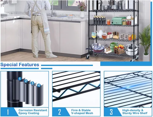 Miniatura 6 de Estantes de almacenamiento de 6 niveles, 2100 libras de capacidad, estante de metal resistente con ruedas, certificado NSF de grado comercial, Negro