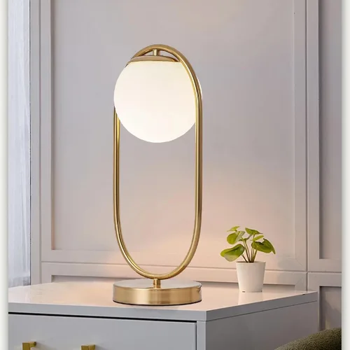 Lámpara de mesa moderna de mediados de siglo con pantalla de vidrio blanco, lámpara de mesa pequeña dorada para mesita de noche, dormitorio, sala de