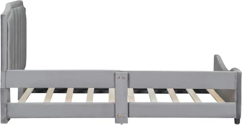 Miniatura 5 de DEINPPA Plataforma tapizada para niños con bonita cabecera, marco de cama de tela de terciopelo con barandilla de un solo lado para niños y niñas