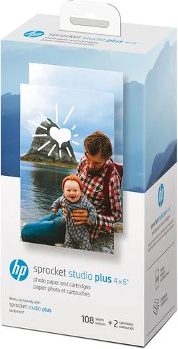 HP Sprocket Studio Plus - Papel fotográfico de 4 x 6 pulgadas y cartuchos (incluye 108 hojas y 2 cartuchos) – Compatible solo con la impresora HP