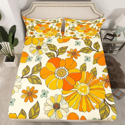 Miniatura 9 de Juego de sábanas ajustadas estilo 70s hippie retro para cama individual, juego vintage de otoño con hojas florales para niños y niños, juego de ropa