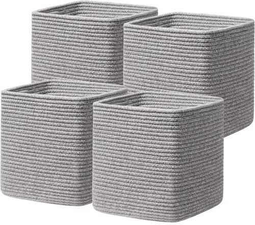 Miniatura 8 de joybest Juego de 4 cubos de almacenamiento de 11 pulgadas, canasta organizadora tejida de cuerda de algodón para estantes, cubos cuadrados, Beige