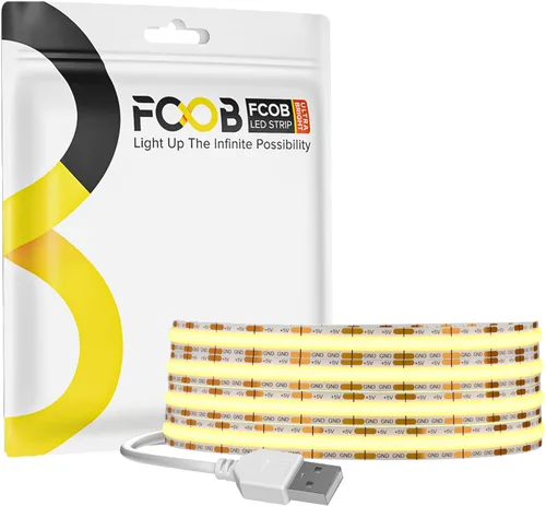 Tira de luz LED USB de 6.56 pies, 5 voltios alimentada por USB, luces LED COB de 4000 K, blanco natural, 0.315 in, tiras flexibles de alta densidad