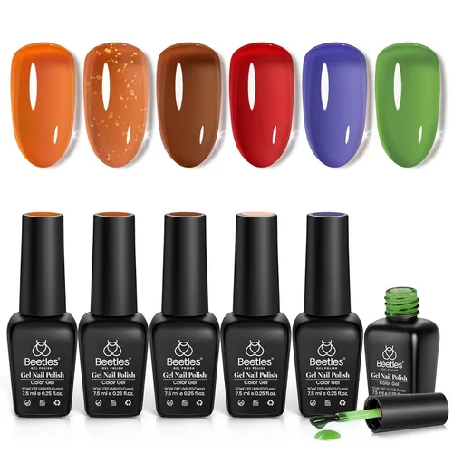 Miniatura 8 de Beetles - Kit de 6 colores de esmalte de gel de uñas, colores transparentes, translúcidos, marrón, rojo, azul, verde, naranja, primavera, lámpara