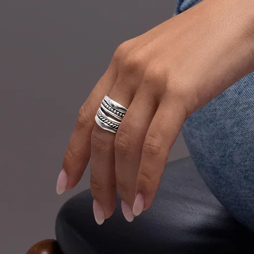 Miniatura 2 de JEAN RACHEL JEWELRY Anillo de plata de ley 925 Cuerda ancha de múltiples hebras y cuentas de diseño vintage, hipoalergénico, sin plomo ni níquel