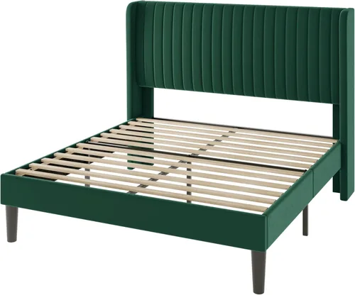 Miniatura 9 de Allewie Marco de cama de tamaño matrimonial/plataforma tapizada de terciopelo, cabecero con alas capitoné de canal vertical/listones de madera Verde