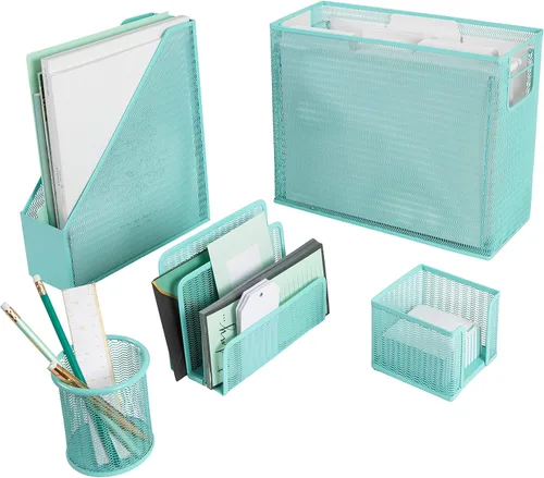 Blu Monaco Aqua - Juego de organizador de escritorio de 5 piezas | Juego de suministros de oficina de metal con organizador de archivos colgante,