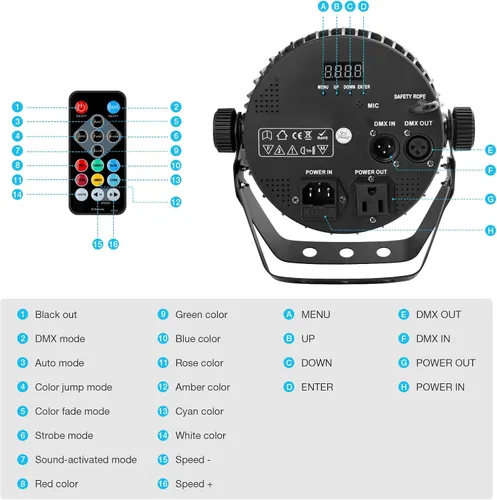 Miniatura 5 de Par de luz LED para escenario: 70 W RGBWA 5 en 1 LED par puede activar por sonido múltiples modos por control remoto y control DMX para eventos