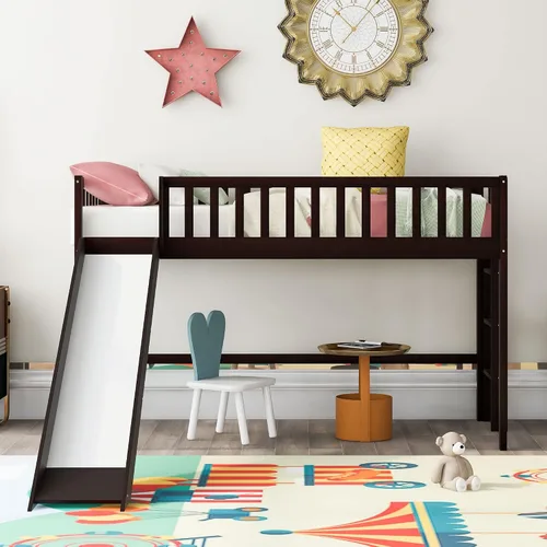 Miniatura 3 de Majnesvon Cama baja de tamaño individual con escalera y tobogán, muebles de dormitorio de madera con barandillas para niños, niñas, fácil de montar