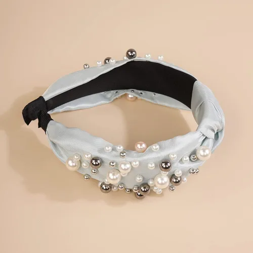 Miniatura 2 de Wiwpar Diademas anudadas de perlas para mujer, diadema ancha de perlas anchas para la cabeza, accesorios para el cabello bohemios (azul)