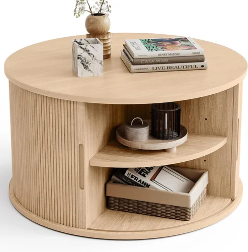 Miniatura 11 de LINSY HOME - Mesa de centro redonda, mesa de centro de 31.5" con puerta de tambor deslizante, mesa auxiliar acampanada con almacenamiento, mesa