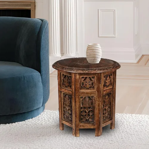 Miniatura 4 de Goroly Home Mesa auxiliar de madera, mesa auxiliar tradicional tallada a mano octogonal, espacios pequeños, entrada, granja, sala de estar, mesa