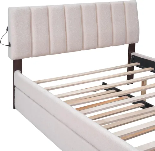 Miniatura 8 de Cama de plataforma tapizada de tamaño matrimonial con nido, cama con plataforma tapizada de vellón de peluche con soporte de listones de madera