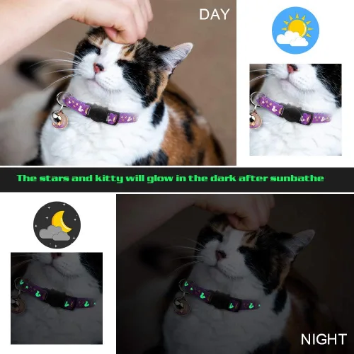 Miniatura 5 de Baeuppit 2 piezas de collares separables para gatos con campana, lindos collares ajustables para gatitos que brillan en la oscuridad