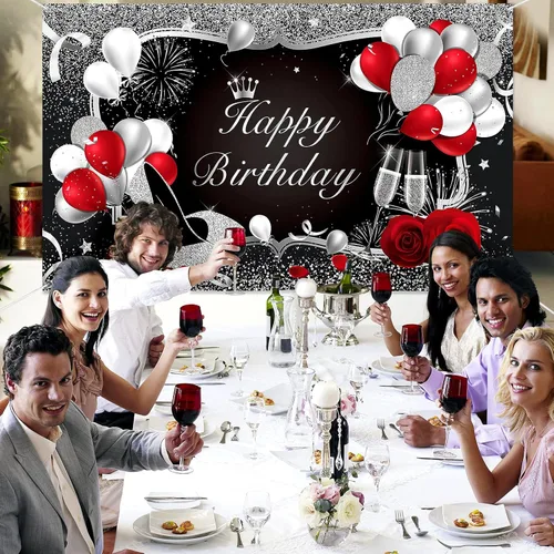 Miniatura 4 de Irenare Cartel de feliz cumpleaños rojo telón de fondo rojo decoración para mujeres y hombres, pancarta negra para suministros de fiesta, globos