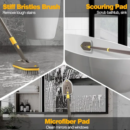 Miniatura 3 de NEWE Cepillo limpiador de ducha, limpiador de azulejos de bañera con mango largo telescópico de 56 pulgadas, 4 cabezales de limpieza para baño