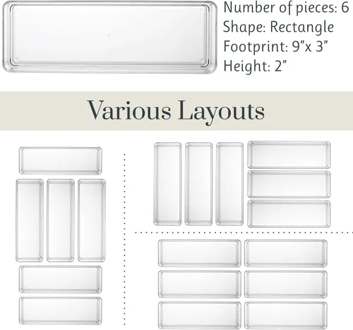 Miniatura 5 de STORi SimpleSort Juego de 6 organizadores de cajones transparentes apilables Bandejas rectangulares de 9 x 3 x 2 pulgadas Contenedores estrechos