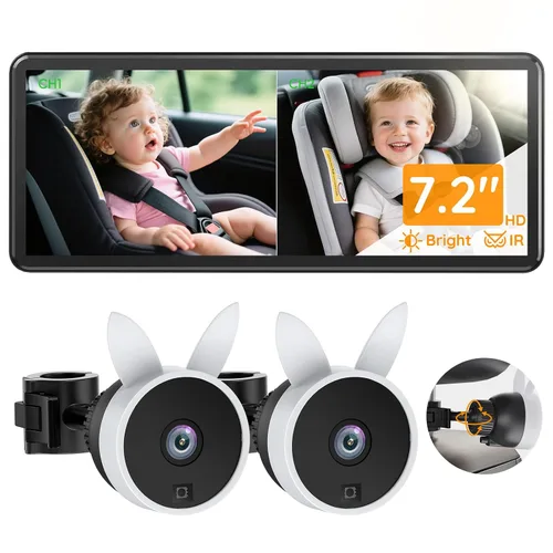 Miniatura 11 de Babyvue BV3PRO Cámara Dual para Coche de Bebé para 2 Niños, Pantalla Dividida HD 1080P de 18.3 cm, Visión Nocturna IR Cristalina sin Distorsión