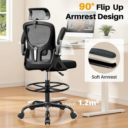 Miniatura 6 de Silla de dibujo, silla de oficina alta para escritorio de pie, respaldo alto ergonómico con reposacabezas, soporte lumbar, anillo para el pie y Negro