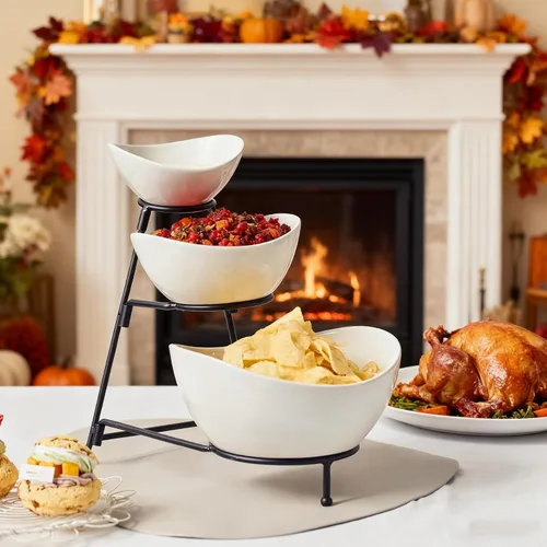 Miniatura 8 de Gomakren - Juego de cuencos ovalados de 3 niveles, soporte plegable de metal negro Multi-capacity porcelain bowls holiday party display, stable