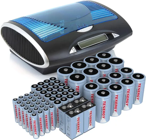 Tenergy Paquete de 68 baterías recargables con cargador, 24 pilas AA 24 x AAA 8xC 8xD recargables con cargador, ideal para electrónica doméstica