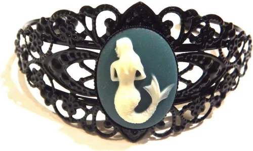 Miniatura 2 de Brazalete de filigrana de sirena de metal negro con diseño de sirena, color verde azulado, color marfil, Metal Metal pintura resina sintética