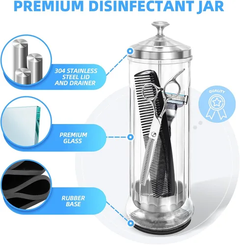 Miniatura 3 de Tarro desinfectante de vidrio con almohadilla antideslizante de 53 onzas/50.7 fl oz, tarro desinfectante de peluquero con cesta extraíble, gran