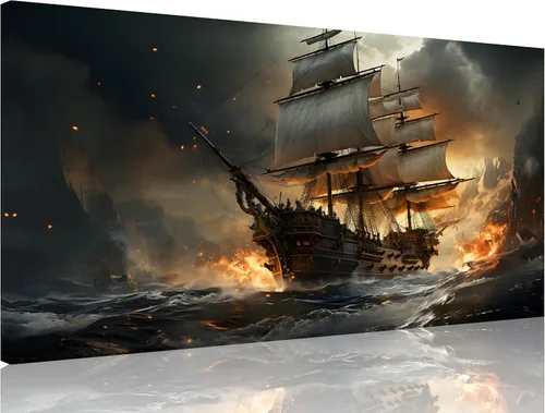 Miniatura 31 de TutuBeer 3 Piezas Arte de Pared Batalla Naval Barco Imagen Barco Pirata Velero Póster Barco Pirata Azul en Llamas Imagen Impresa en Lienzo Póster