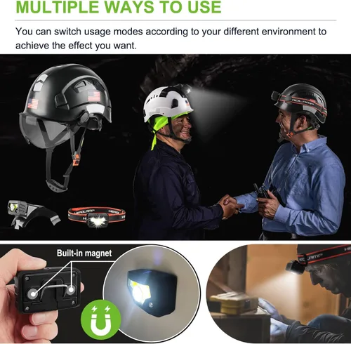 Miniatura 3 de GREEN DEVIL Casco de seguridad con luz recargable para faros delanteros y forro para casco, correa para barbilla, para hombre, ventilada, para Negro