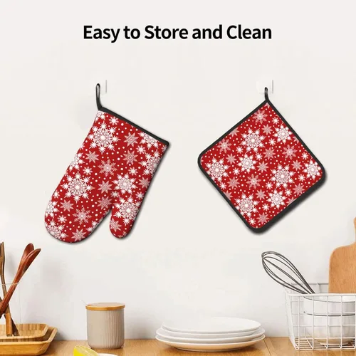 Miniatura 6 de Juego de 2 guantes de horno rojos de copos de nieve de Navidad y agarradera, adecuados para barbacoas, hornear, cocinar, microondas