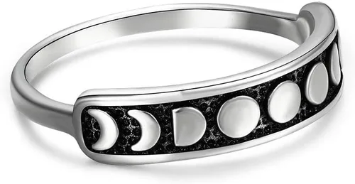 Anillos de plata de ley para mujer, anillo vintage de fase lunar S925, anillo de dedo minimalista, Plata de ley, Sin piedras preciosas
