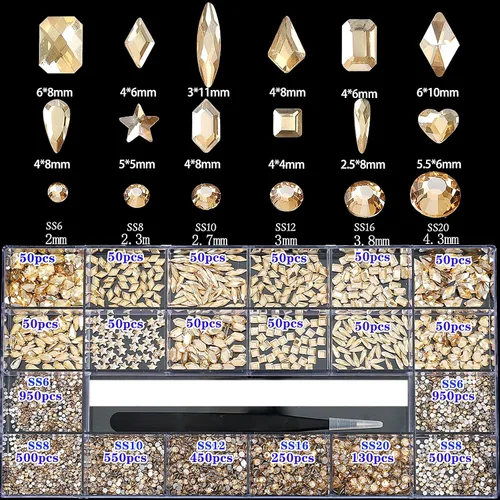 Miniatura 2 de 4880 diamantes de imitación champán para uñas, diamantes de imitación de cristal dorado para uñas, cuentas redondas de cristal con parte trasera