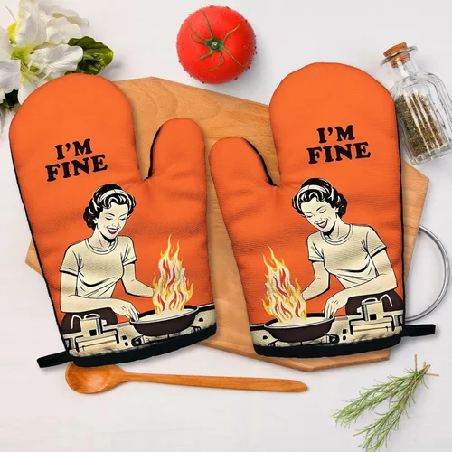 Miniatura 2 de I am Fine - Juego de 2 guantes de horno antideslizantes de silicona divertidos, guantes de cocina retro, regalo de cocina para mujeres, regalos
