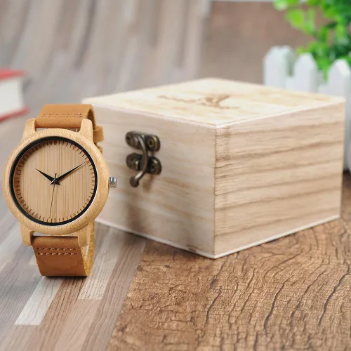 Miniatura 17 de BOBO BIRD Reloj de madera de bambú para hombre y mujer con correa de cuero de vaca marrón, relojes casuales de cuarzo analógico