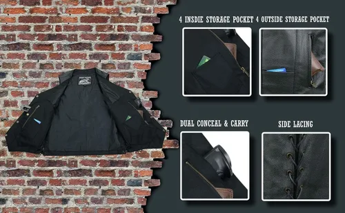 Miniatura 5 de EVENT LEATHER EL5391TALL - Chaleco de cuero negro para hombre, tallas altas con 10 bolsillos, chalecos de motocicleta para adultos