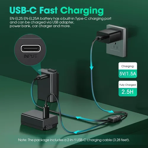 Miniatura 2 de FirstPower Batería EN-EL25 EN-EL25a, paquete de 2 unidades de 1600 mAh con carga rápida USB-C, compatible con Nikon ZFC, Z30, Z50 cámara y cargador