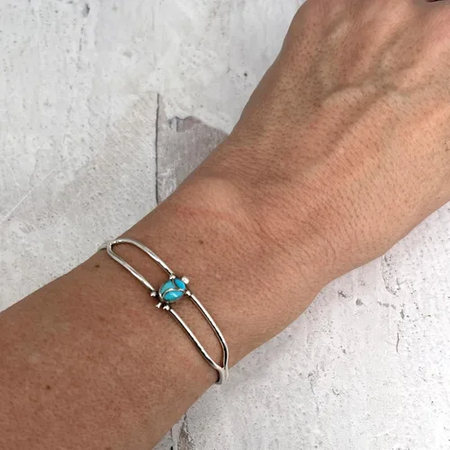 Miniatura 3 de Genuine Sleeping Beauty Turquoise Turtle Cuff Bracelet, Sterling Silver, Authentic Native American USA Handmade, Size Women's Small
