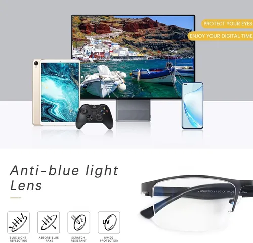 Miniatura 5 de FONHCOO - Gafas de lectura para mujeres y hombres, gafas de lectura con bloqueo de luz azul, metal, medio marco, lectores de computadora, anti Gris