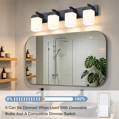 Miniatura 4 de Lámparas de baño de oro cepillado, 4 luces de baño sobre el espejo, diseño cuadrado y placa trasera grande rectangular, accesorios de iluminación