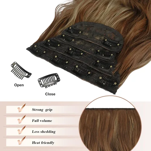 Miniatura 4 de FESHFEN Extensiones de cabello con clip - 4 piezas Extensiones de cabello sintético ondulado largo y grueso con clip para cabeza completa