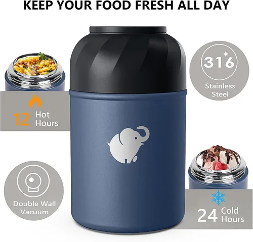 Miniatura 2 de HOUSETEC Termo para comida caliente – Contenedor de alimentos aislado con tenedor y cuchara plegable, termo de alimentos a prueba de fugas
