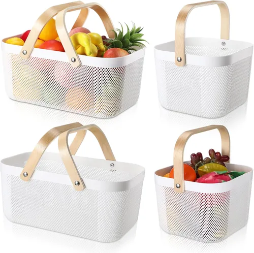 Miniatura 9 de Sadnyy 4 cestas de almacenamiento de malla de plástico para cosecha de jardín con mango de madera, contenedor de malla multifuncional para gabinete