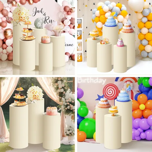 Miniatura 6 de SaitiMade Juego de 3 fundas para pedestal de cilindro beige, fundas de elastano para decoración de fiestas, bodas o eventos de cumpleaños, solo