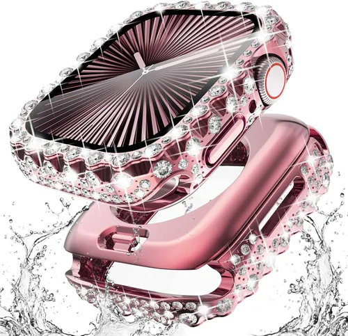 Miniatura 13 de Surace Estuche 2 en 1 impermeable brillante compatible con Apple Watch Series 9/8/7 de 45 mm, protector de pantalla, borde de encaje, diamante