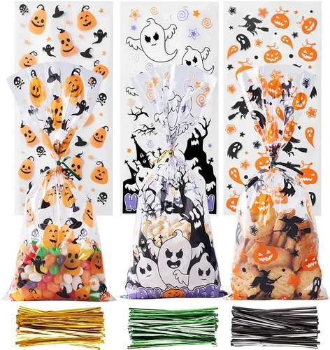 CCINEE Bolsas de celofán para Halloween, 150 bolsas de plástico transparente para dulces con 300 giros para aperitivos y galletas