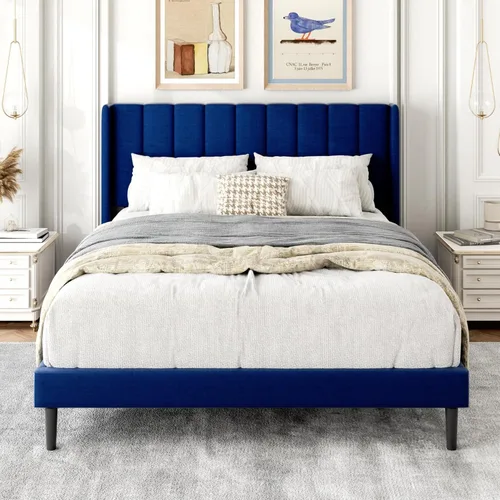 Miniatura 14 de Gruwans Estructuras de Cama Individual con Cabecera Wingback, Camas de Plataforma Tapizadas, No Necesita Somier, Soporte Resistente de Listones