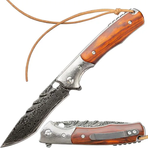 Miniatura 9 de Sitivien ST240 EDC Cuchillo plegable de acero Damasco con mango Dalbergia, bloqueo de hoja de núcleo VG10 y clip para cinturón, cuchillo de 240D