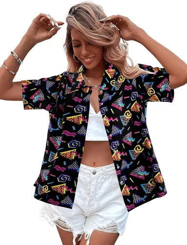 Miniatura 3 de Trajes de los años 80 y 90 para mujer, camisa de discoteca retro para fiesta temática de los años 80, camisa hawaiana de neón con botones y manga